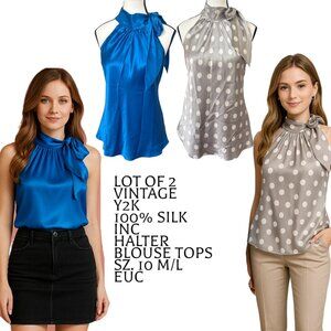 BUNDLE OF‎ 2 100% SILK Y2K VTG. INC HALTER BLOUSE TOPS SZ. 10 M/L EUC